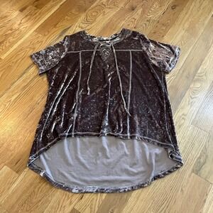 POL Velvet Lace Up Tunic Shirt Top Velour Crushed Distressed Size L Purple